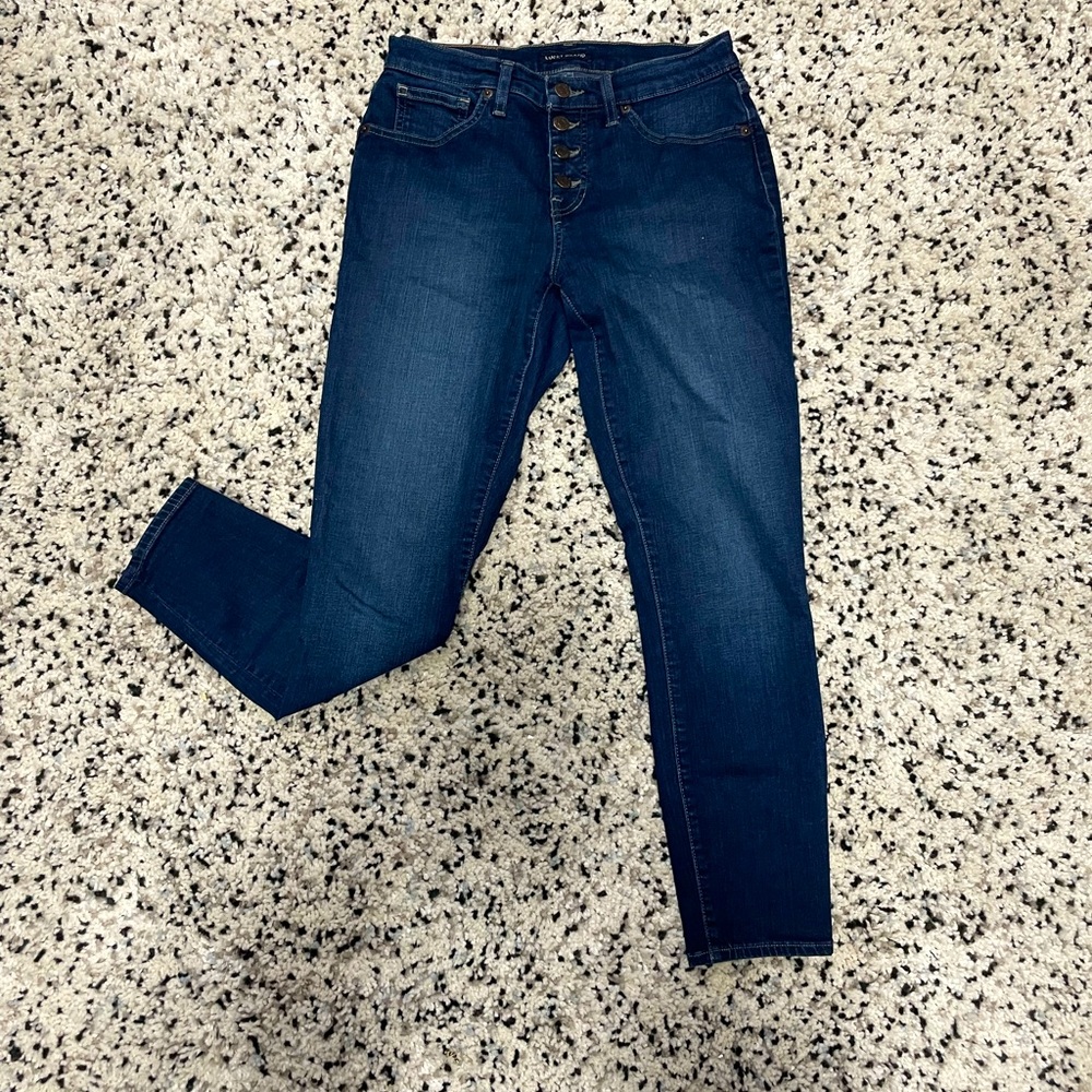 Lucky Brand dark wash, high waisted button fly denim